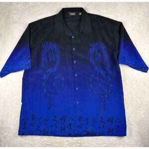 Vintage Dagacci Button Up Shirt Size 3XL Blue Short Sleeve Asian Dragon Theme